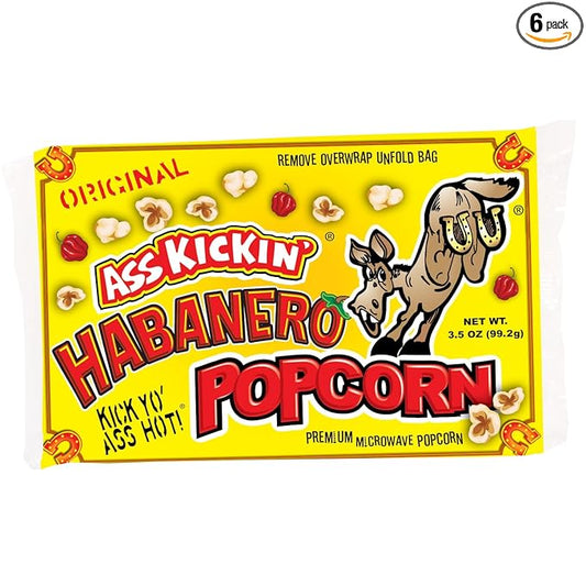 ASS KICKIN' Habanero Microwave Popcorn Bags - 6 Pack - Ultimate Spicy Popcorn Gourmet Gift - Makes a Great Movie Theater Popcorn or Snack Food for Movie Night