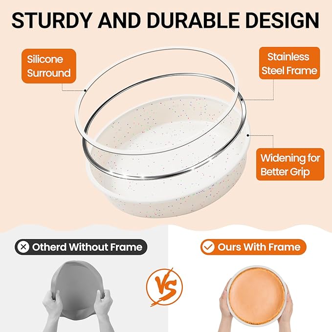 SJ 6 Inch Silicone Round Cake Pan with Metal Reinforced Frame Set of 3, Nonstick Silicone Cake Mold for Baking Suitable for Making Layers, Cheese & Chocolate Cakes