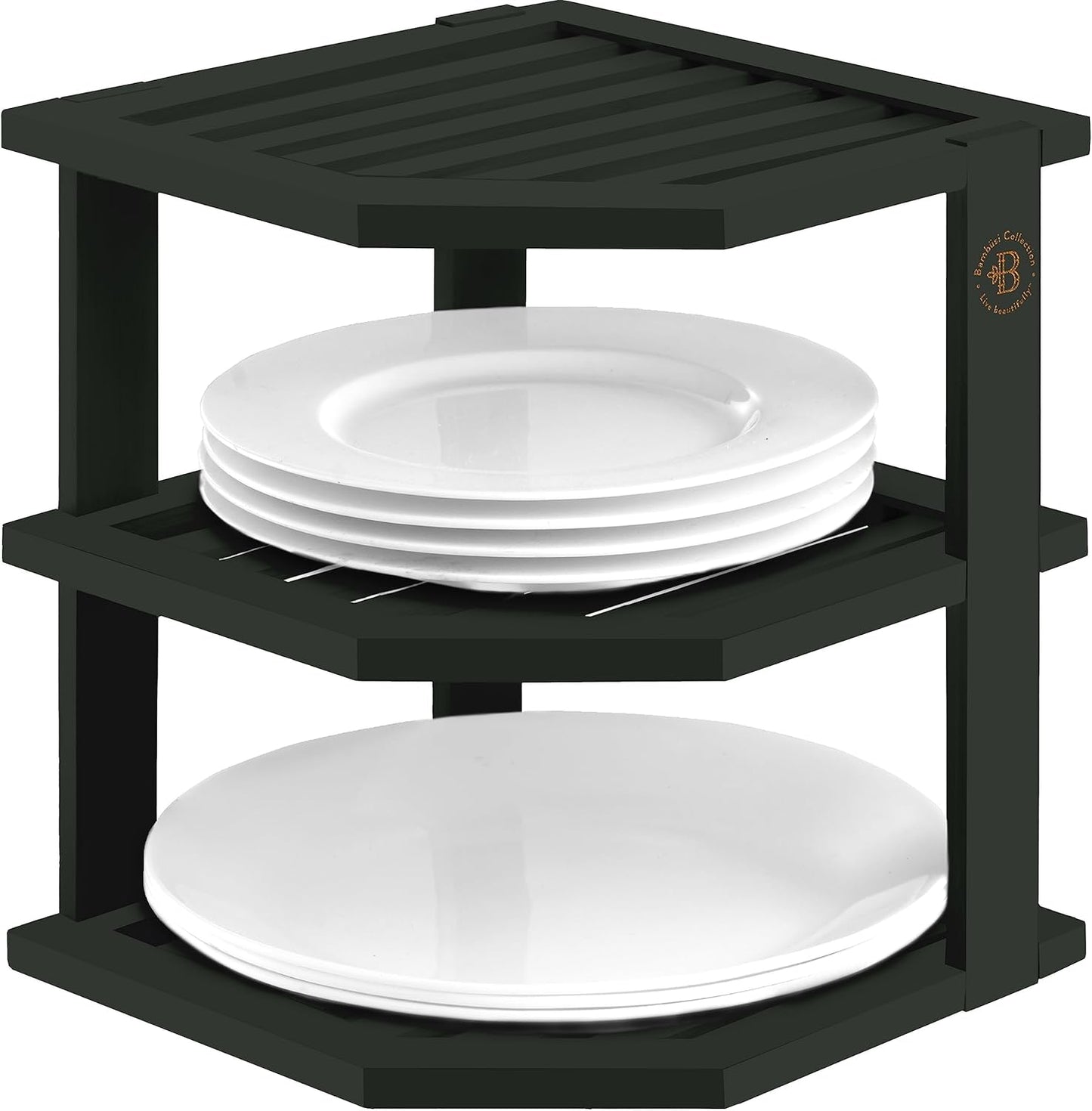 Cabinet Organizer Shelf - Bamboo Corner Rack for Kitchen Counter, Cabinet Space Saver for Plates, Dishes, Bowls, Bread Pantry, Bathroom Storage or Countertop Stand, Black