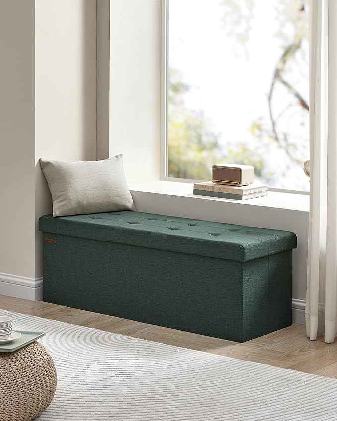 SONGMICS MAZIE Collection - 43 Inches Folding Storage Ottoman Bench, Ottoman Foot Rest, End of Bed Bench, Storage Chest, Load 660 lb, for Living Room, Bedroom, Entryway, Retro Green ULSF077C01