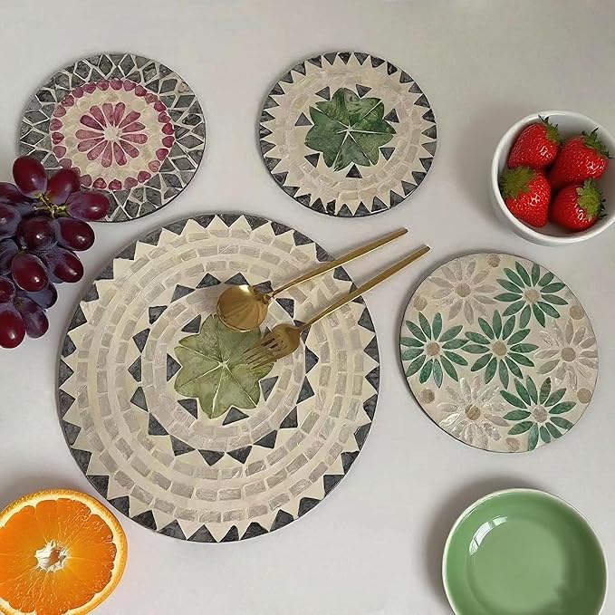 13 Inch Mother of Pearl Shell Placemat Plate – Large Round Decorative Heat for Table or Kitchen, Cabinet, Tabletop (Blue Leaf, 13 Inch)