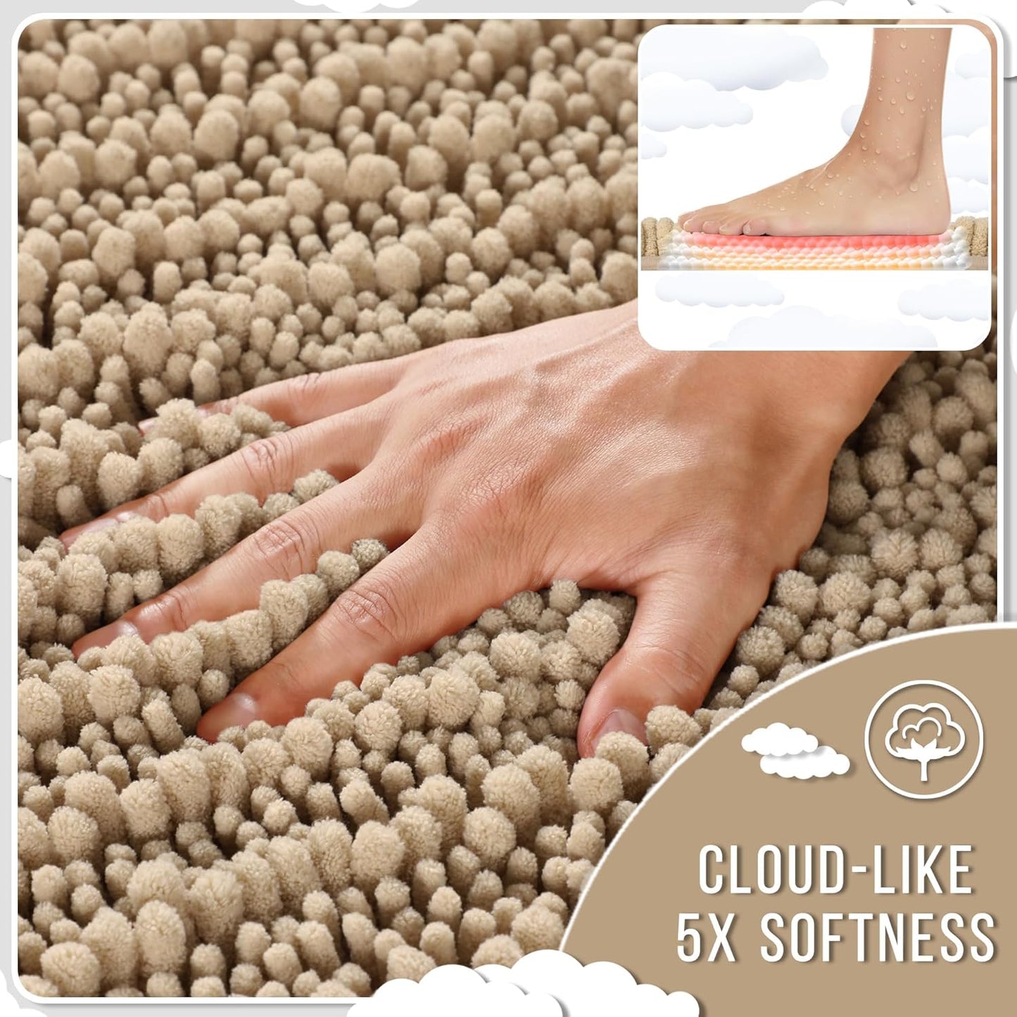 Yimobra Bathroom Runner Rug 60x24 Inch - Extra Long Non Slip Chenille Bath Mat, Soft & Absorbent, Machine Washable Shaggy Hallway Carpet for Vanity Tub Shower, Pale Khaki Home Decor Accessories