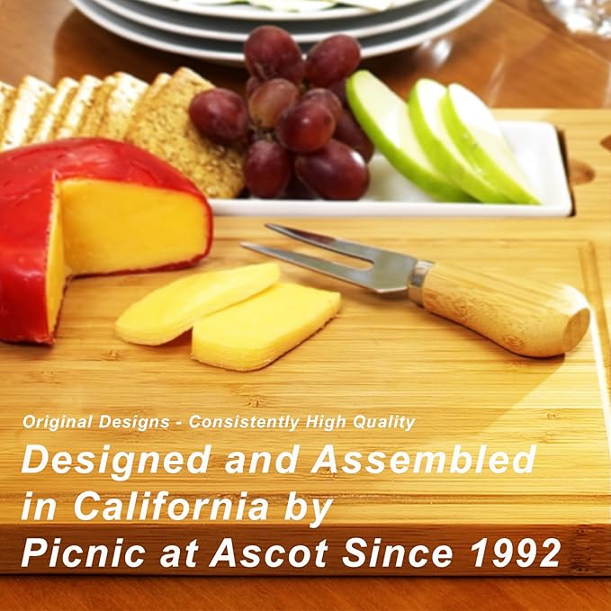Picnic at Ascot NCAA West Virgina University Officially Licensed Mountaineers Bamboo Cheese/Charcuterie Board with Ceramic Bowl, Knife Set & cheese Markers
