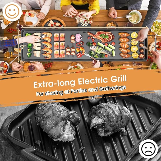 KOTEK 35” Electric Griddle, Nonstick Extra Large Teppanyaki Grill with 5 Adjustable Temperature, Drip Tray, Cool Touch Handles, 2000W Flat Top Pancake Griddle Smokeless for Indoor Outdoor BBQ Party