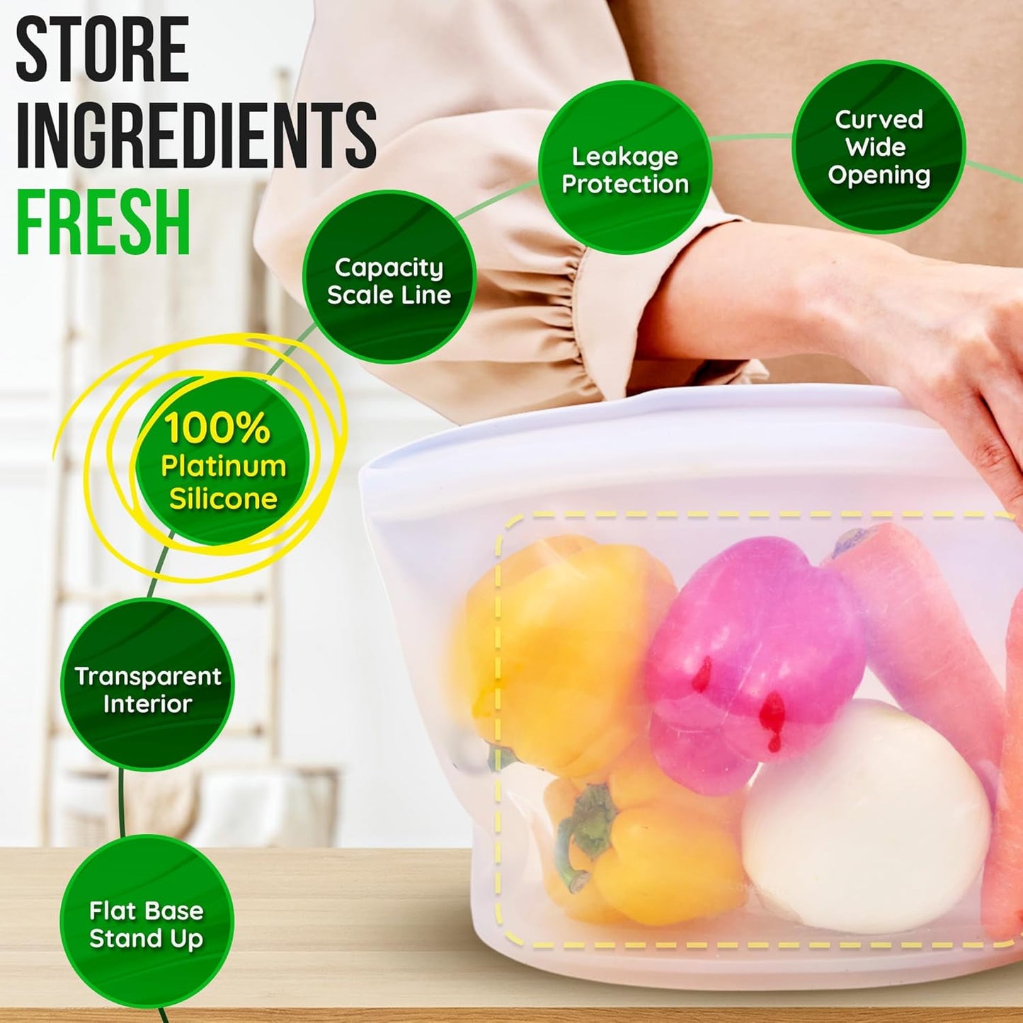 Reusable Silicone Food Storage Bags 10.6Cup (84oz), Airtight Food Storage Containers Food Grade Silicone Snack Bags, BPA Free Food Storage Container, Microwave Safe, Sous Vide Container, White