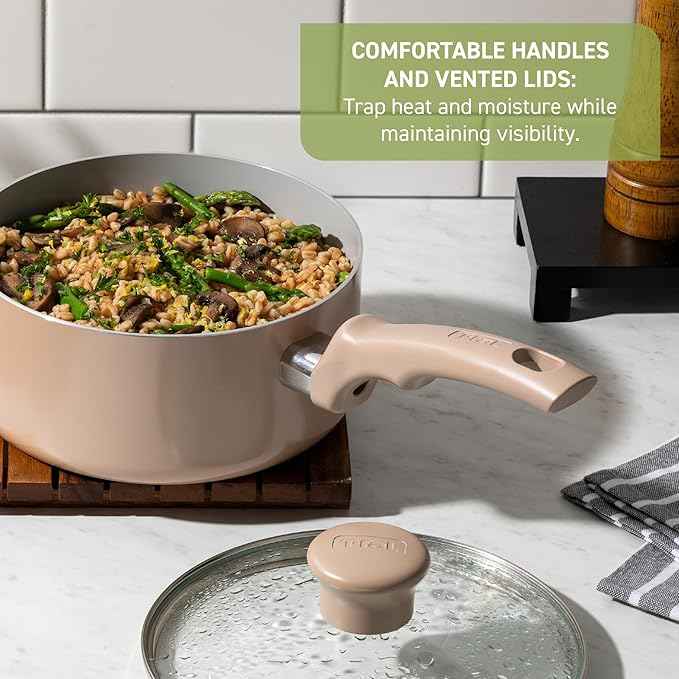 T-Fal Refresh Ceramic Nonstick Cookware Set, 20-Piece, Oven Safe to 350°F, Stockpot, Ceramic Pots and Pans Set, Frying Pans, Griddle, Utensils, Mint Green