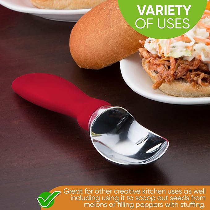 Spring Chef Ice Cream Scoop with Soft Grip Handle, Professional Heavy Duty Sturdy Scooper, Premium Kitchen Tool for Cookie Dough, Gelato, Sorbet, Red