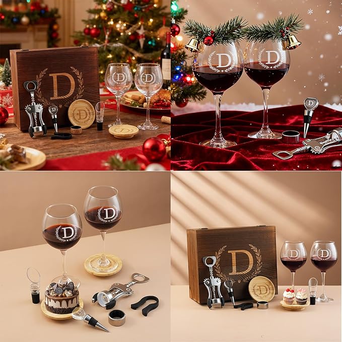 GZLDGIFTS Personalized Initial Wine Glasses Box Gift Set For Women Mom Engraved Birthday Monogrammed Wooden Christmas Gifts Wedding Anniversary Wine Couples Stopper Opener Initial Letterr (D Set)