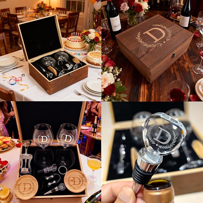 GZLDGIFTS Personalized Initial Wine Glasses Box Gift Set For Women Mom Engraved Birthday Monogrammed Wooden Christmas Gifts Wedding Anniversary Wine Couples Stopper Opener Initial Letterr (G Set)