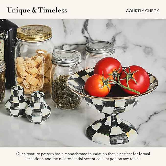 MACKENZIE-CHILDS Enamel Salt and Pepper Shakers, Kitchen Table Spice Shaker Set, Black-and-White Courtly Check, Small