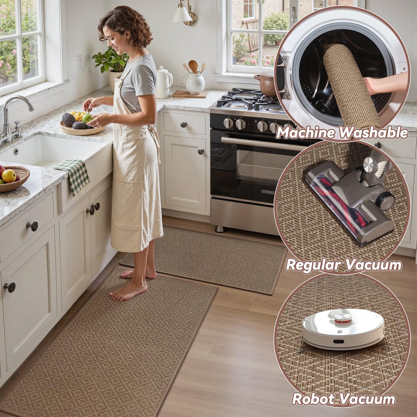PADOOR Kitchen Runner, Rubber Backed Kitchen Runner Rugs Non Skid Washable, Super Absorbent Kitchen Mats for Floor Front of Sink, 20"x47" Brown