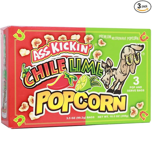 ASS KICKIN' Chile Lime Microwave Popcorn Bags - 3 Pack - Ultimate Spicy Popcorn Gourmet Gift - Makes a Great Movie Theater Popcorn or Snack Food for Movie Night