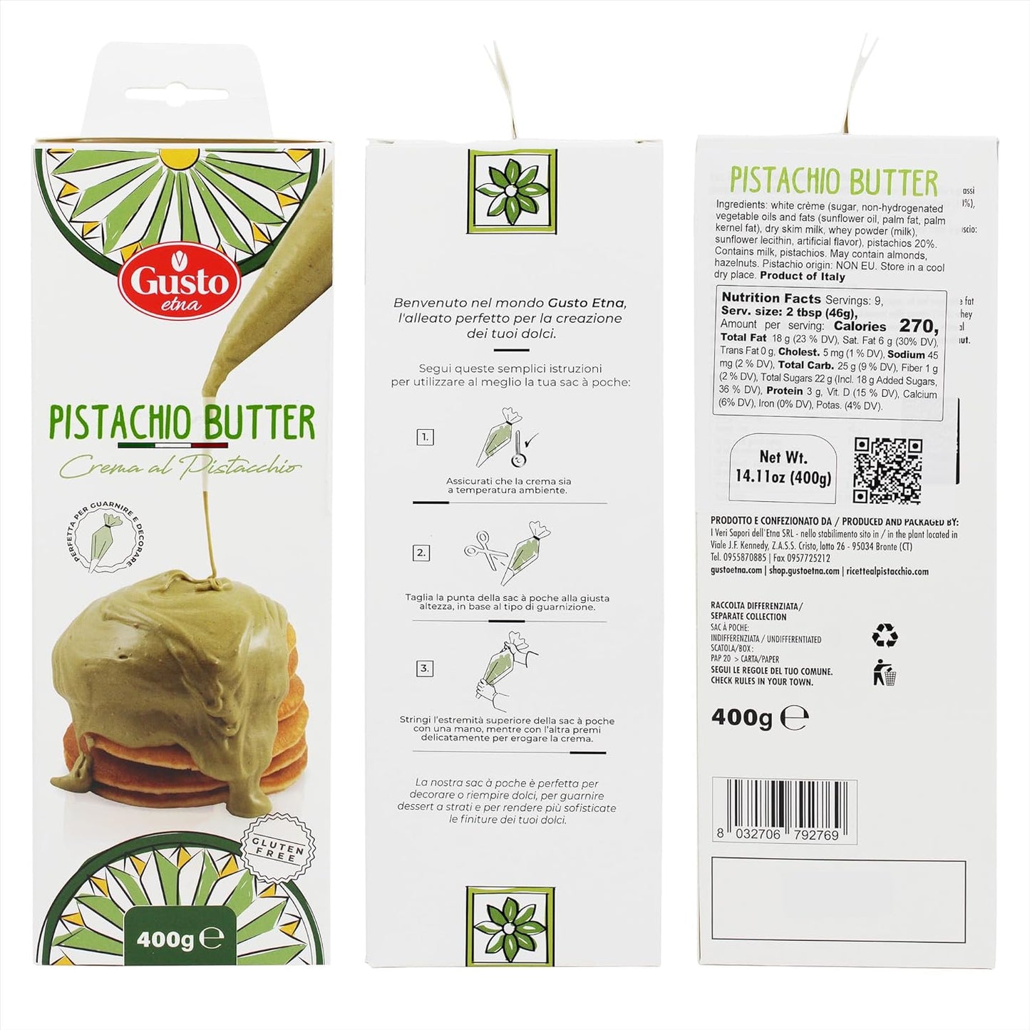 GUSTO ETNA Pistachio Nut Butter Cream in Squeeze Pouch, Spread, Cake Filling & Icing, Frosting, Dessert, Sweet Pistachio Butter, Pistachio Paste, From Bronte, Sicily, Italy, Non GMO, 14.1 oz (400 g)