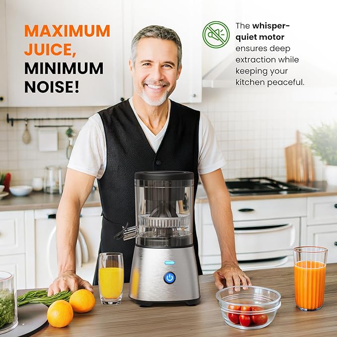 Eurolux Electric Citrus Juicer Stainless Steel | Premium Hands-Free One-Touch Orange Juice Squeezer for Oranges, Lemons, and Limes | Quiet Operation, Easy to Clean, Countertop Small Kitchen Appliance