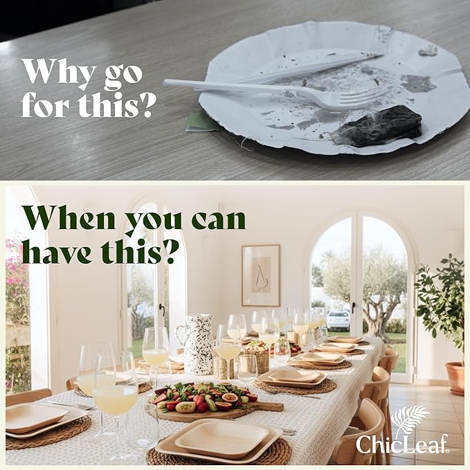Chic Leaf Disposable Palm Leaf Plates - 50 Count, 8" Square, Natural - Bamboo Plates Disposable, Biodegradable & Compostable - Microwave Safe & Heavy Duty - Event & Party Supplies - Wedding Decor