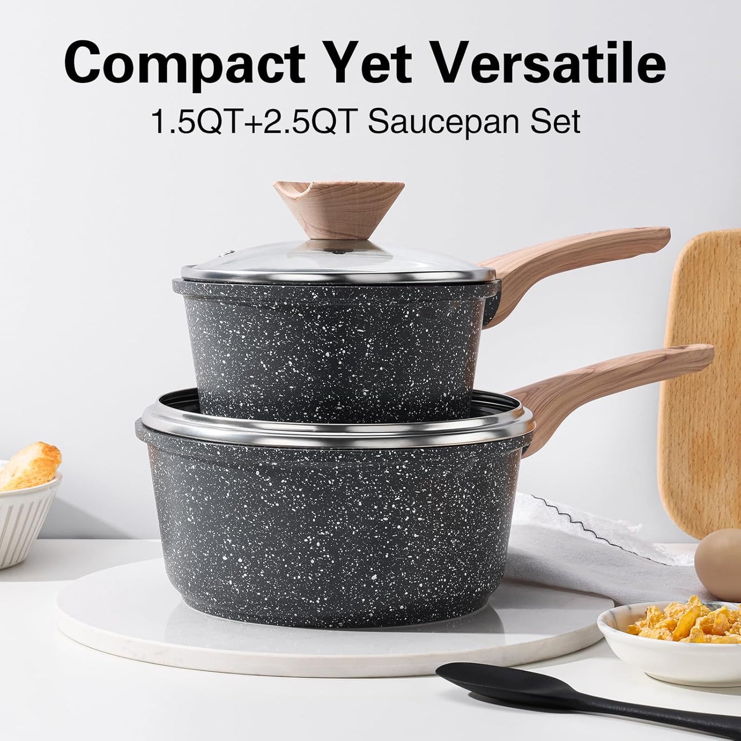 Sauce Pan Set with Lid, 1.5QT & 2.5QT Non Stick Small Pots with Granite Coating, Saucepan with Pour Spout, Multipurpose Induction Cooking Pans, PFOA/PFOS Free