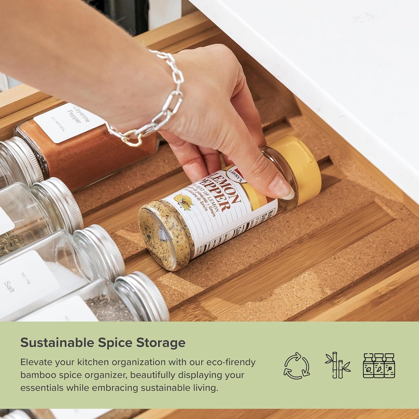 KitchenEdge Spice Drawer Organizer with Expandable Storage. Holds up to 15 Spice Jars (Not Included), Non-Slip Feet, Kitchen Accessory Storage, 100% Sustainable Bamboo Wood