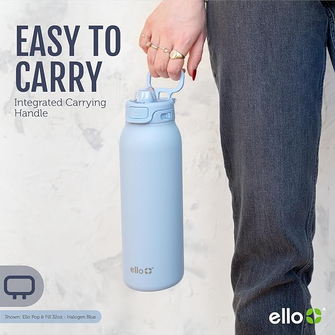 Ello Pop & Fill 22oz Stainless Steel Water Bottle with QuickFill Technology, Double Walled and Vacuum Insulated Metal, Leak Proof Locking Lid, Straw and Chug, Reusable, BPA Free, Porcelain Rose