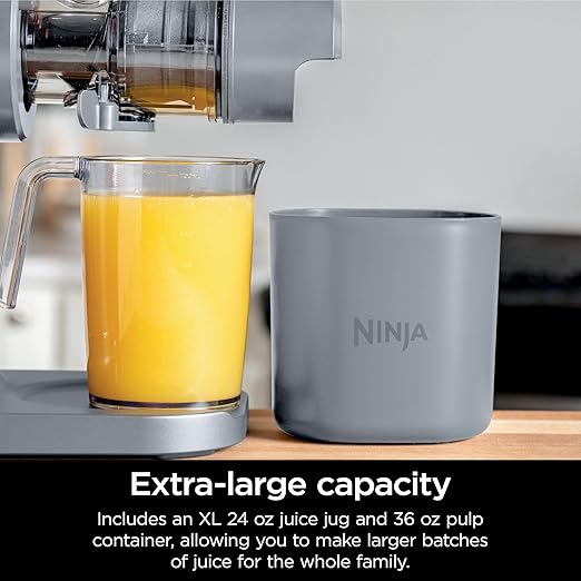 Ninja NeverClog Cold Press Juicer, Powerful Slow Juicer with Total Pulp Control, Countertop, Electric, 2 Pulp Functions, Dishwasher Safe, 2nd Generation, Steam Gray, JC151SL