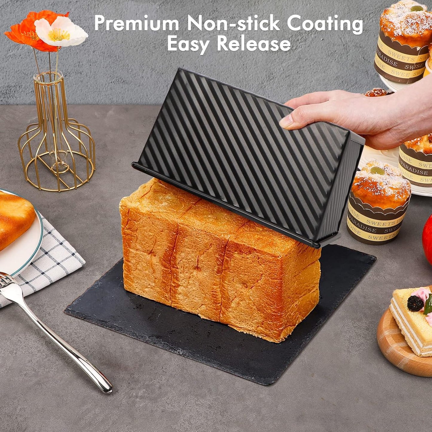 Beasea Pullman Loaf Pan with Lid, 2 Pack 1 lb Non-Stick Black Bread Loaf Pans for Homemade Bread Carbon Steel Toast Box with Cover for Bakeware Toast Oven Baking