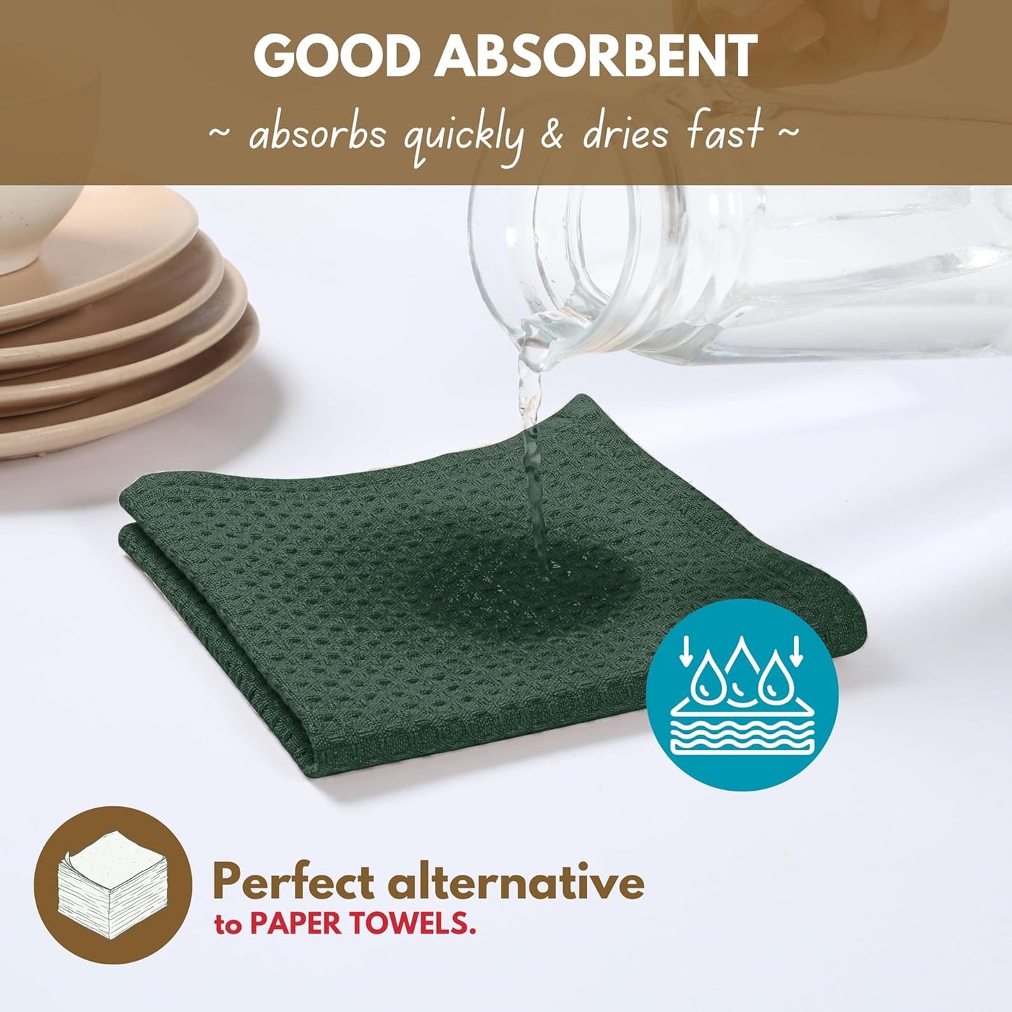 Native Fab Cotton Kitchen Towel with Hanging Loop 16x26 inches, 4-Pack, Waffle Weave Kitchen Towels for Cleaning Drying, Washcloths Soft & Absorbent Cloth Rags, Bar Towel, Dish Cloth, Olive Green