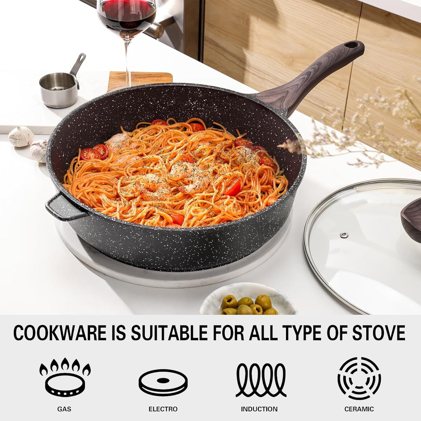Nonstick Deep Frying Pan with Lid, 12 Inch Large Skillet, 5 Qt Non Stick Saute Pan for Cooking, Healthy Induction Cookware, PFOA Free