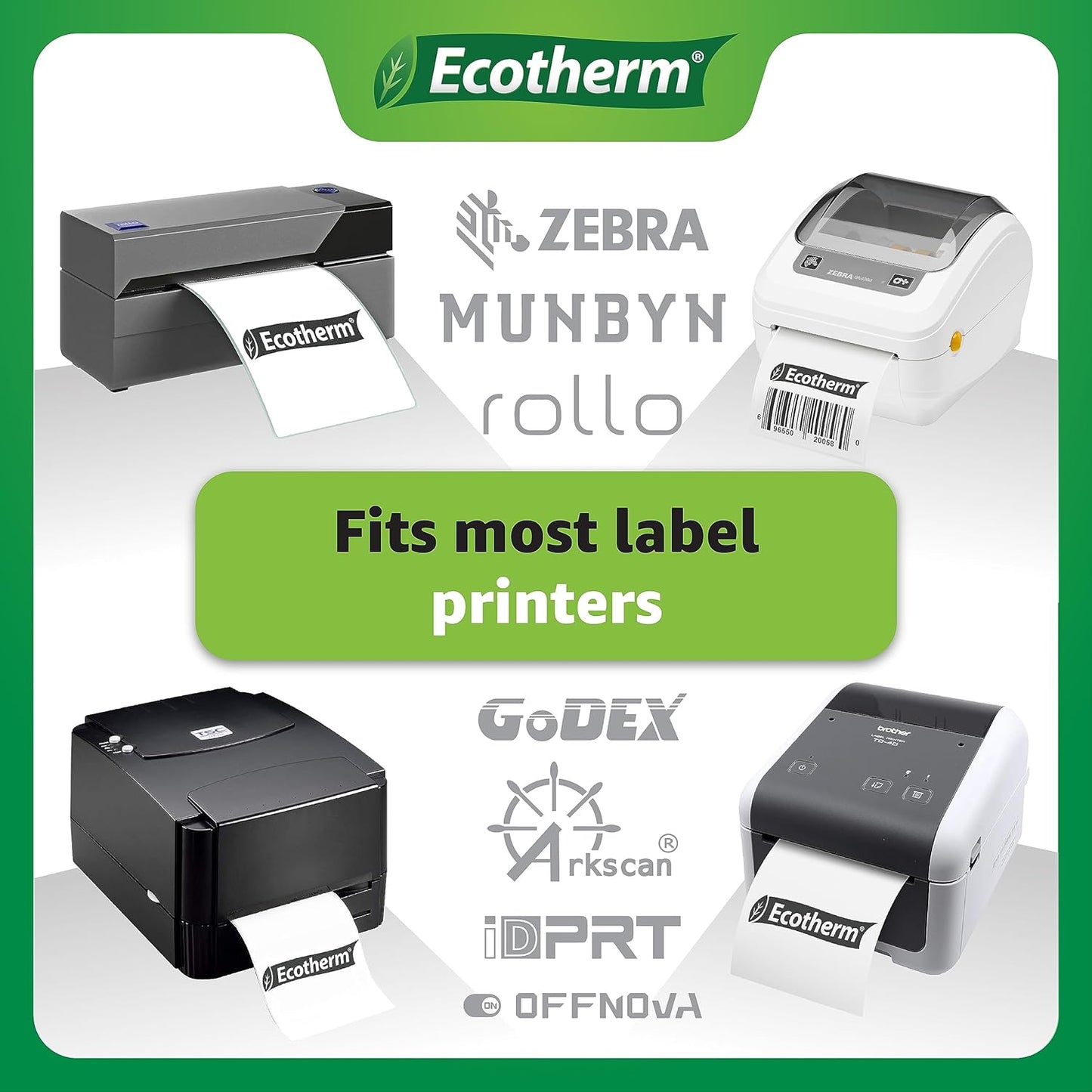 4" x 6" Thermal Labels | 6 Rolls | 2850 Labels | fits Zebra, Munbyn, Rollo, Godex, Arkscan, iDPRT, Offnova Thermal Label Printers and More | Blank White Adhesive Stickers by Ecotherm