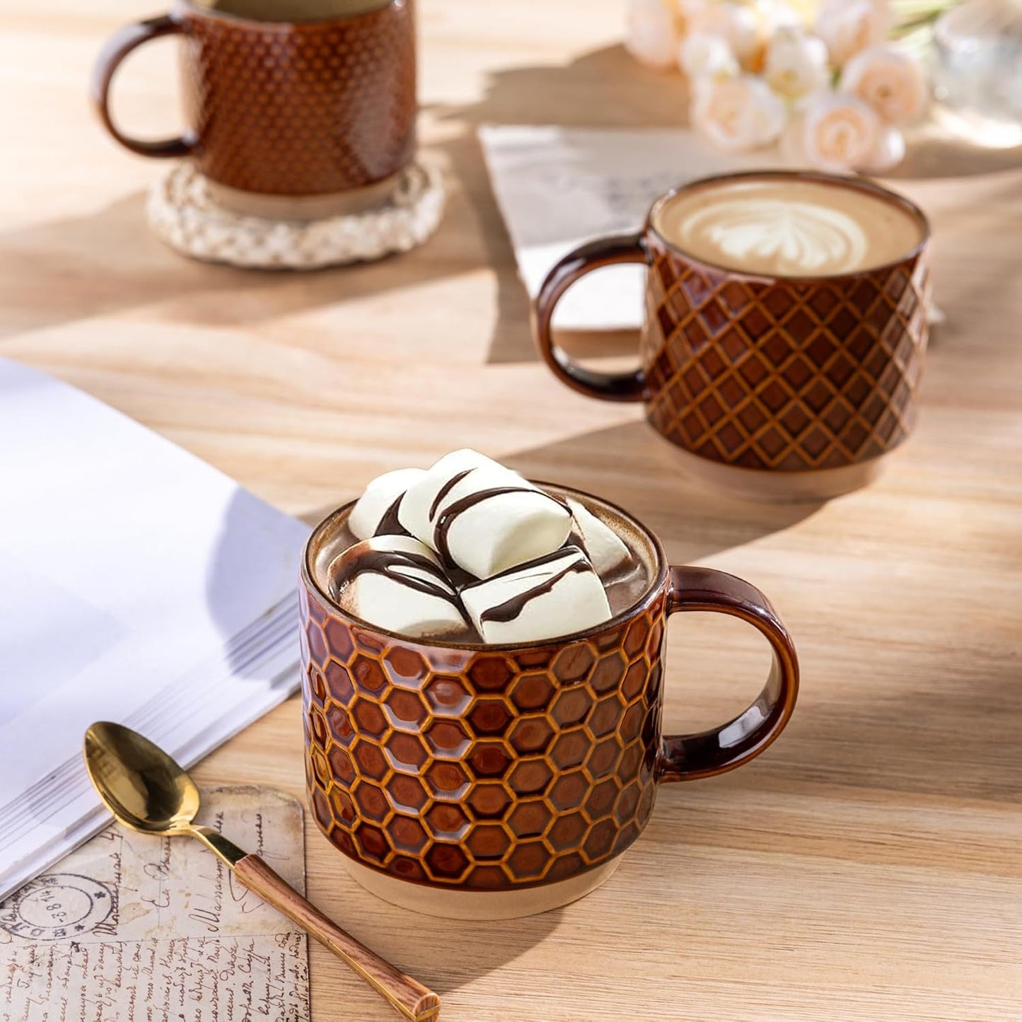 GBHOME 15OZ Stackable Coffee Mugs, Ceramic Coffee Cups with Texture Patterns for Man,Woman,Dad,Mom, Modern Coffee Mugs Set of 4 for Latte/Cappuccino/Cocoa. Dishwasher&Microwave Safe, Caramel