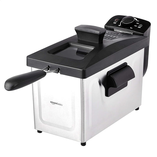 Amazon Basics 3.2-Qt (3.0L) Deep Fryer with 12-Cup Oil Capacity, Adjustable Temperature, Easy Draining Basket, Stainless Steel Exterior, Viewing Window, 1500W, Black & Silver