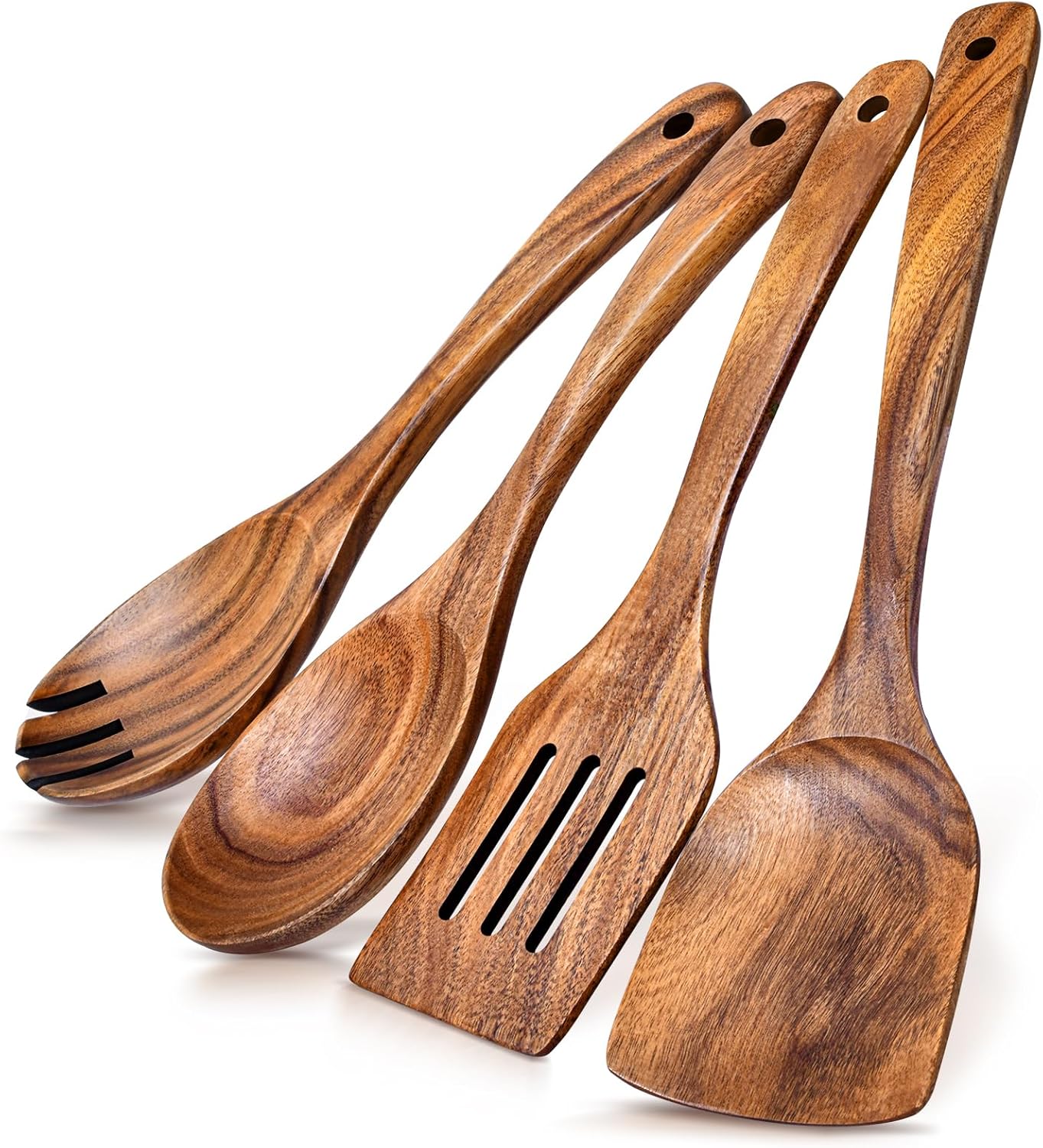 4Pcs Wooden Spoons for Cooking, Acacia Wood Kitchen Utensils Set for Nonstick Pans, Smooth Finish Cooking Utensils with Long Handle, Wooden Spatula for Cooking, Mixing, Baking