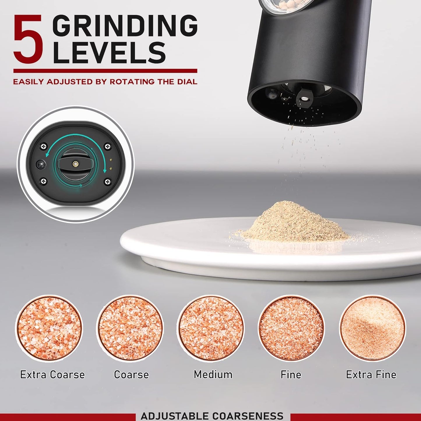 Electric Salt and Pepper Grinder Set of 2, Automatic Pepper Mill,USB Rechargeable, Adjustable Coarseness, One-handed Operation, Ceramic Burr, Refillable, Auto Grinders with Charging Base LED Light