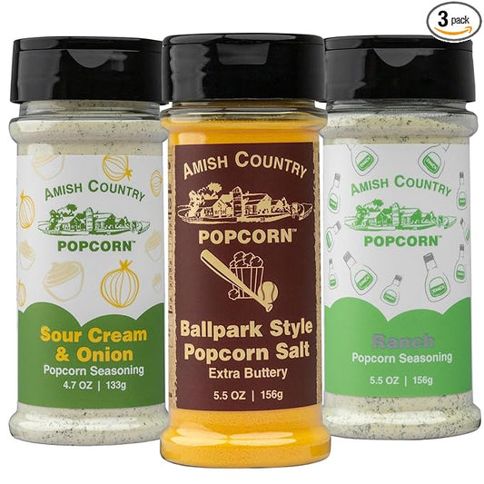 Amish Country Popcorn | Seasoning Variety Pack | Ballpark Style ButterSalt - 5.5 oz, Ranch - 5.5 oz & Sour Cream and Onion - 4.7 oz Popcorn Seasoning | Old Fashioned, Non-GMO