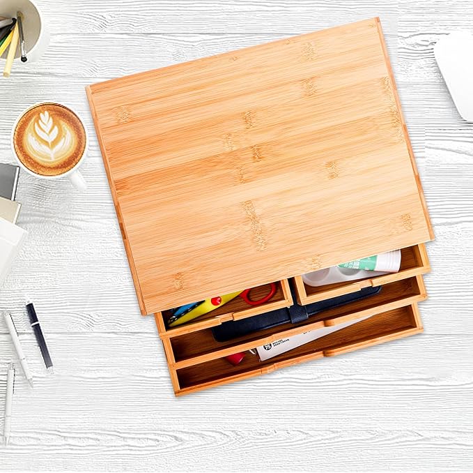 DEAYOU Bamboo Desk Organizer, 100% Natural Bamboo Desktop Drawer Organizer, Tabletop Storage Cabinet Organization Box with 4 Drawers for Makeup, Letter, Home Office Supplies, 3-Layer, Fully Assembled