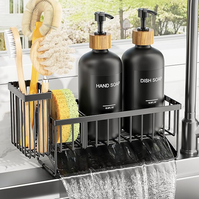 Cisily Kitchen Dish Soap Dispenser Set with 2 Pack 16.9oz Black Glass Bottle and Sponge Holder, Dish Soap Dispensers with Adjustable Sponge Holder, Vintage Hand and Dish Soap Dispensers Set