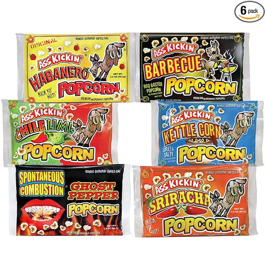 ASS KICKIN' Premium Microwave Popcorn – Variety Gift Pack (6) - Ultimate Spicy and Sweat Gourmet Gift - Try if you dare!