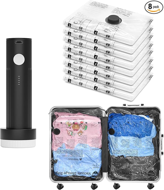 SUOCO Travel Vacuum Bags for Luggage with Portable Electric Pump, 8 Small Packing Seal Bags for Clothing Suitcase Backpack, Space Saver Compression Clothes Storage Bags