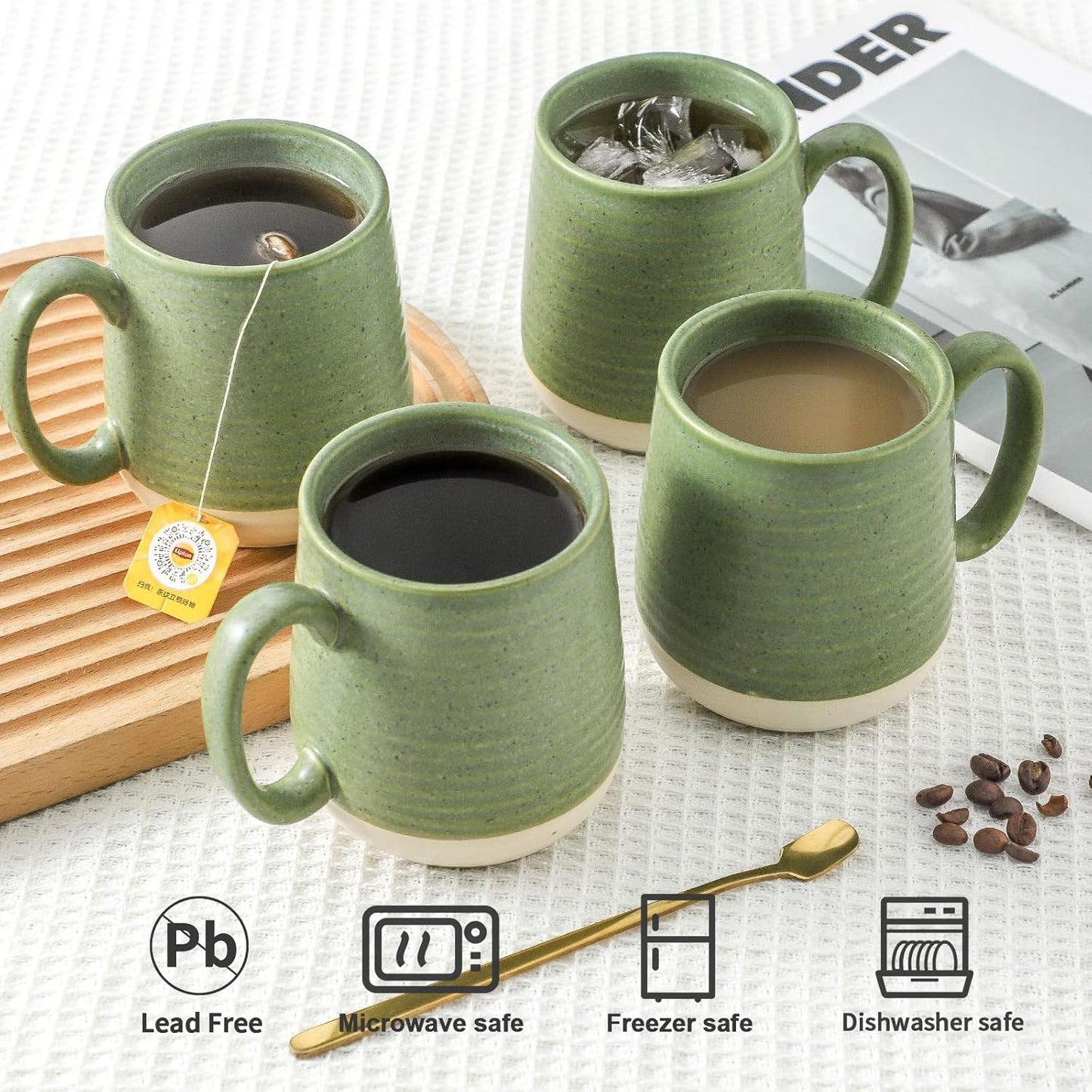 Hasense Porcelain Coffee Mugs Set of 4, 15 Oz Large Coffee Cups, Latte Cup with Handle, Tea Mugs for Men and Women, Modern Coffee Mug for Cappuccino, Milk, Cocoa, Microwave & Dishwasher Safe, Green