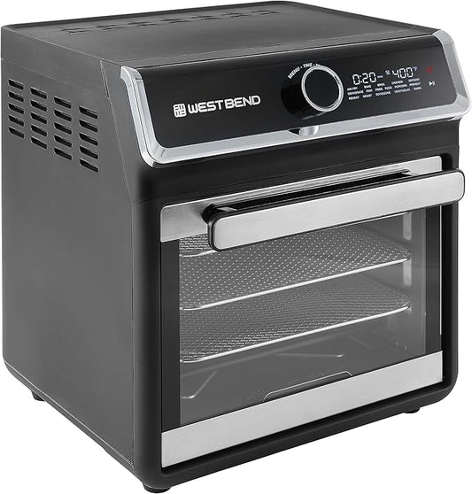 West Bend Air Fryer Oven 15-Quart Capacity with Digital Controls Easy-View Door and 16 Cooking Presets, Includes Eight Cooking Accessories, 1000-Watts, Black