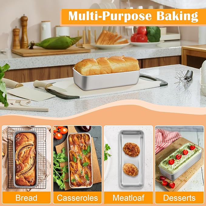 E-far Loaf Pan for Homemade Bread-4 Pack, 12” x 5” Large Stainless Steel Loaf Pans, Long Metal Bread Baking Mold for Banana Cake Meatloaf Sourdough Lasagna, Nontoxic & Dishwasher Safe