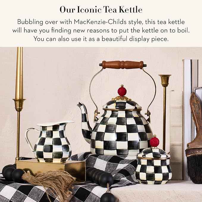MACKENZIE-CHILDS Enamel Tea Kettle, Stylish Tea Kettle for Stovetop, Black-and-White Courtly Check, 2 Quarts