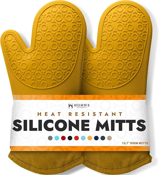BPA-Free Soft Silicone Oven Mitts - Ultra Heat Resistant Oven Mitts with Thick Cotton Liner - Long Slip Resistant Pot Holders, Flexible Oven Gloves - Yellow 13.7"