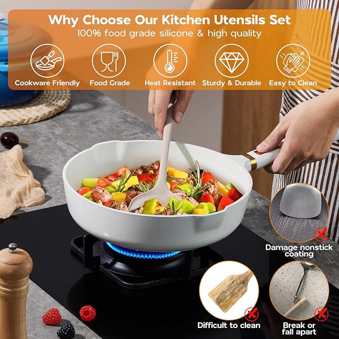 Onader Kitchen Cooking Utensils Set, 10 Pcs Silicone Non Toxic Cooking Utensils Set, Heat Resistant & Nonstick Cookware Friendly - 2 Mixed Color (Khaki & White)