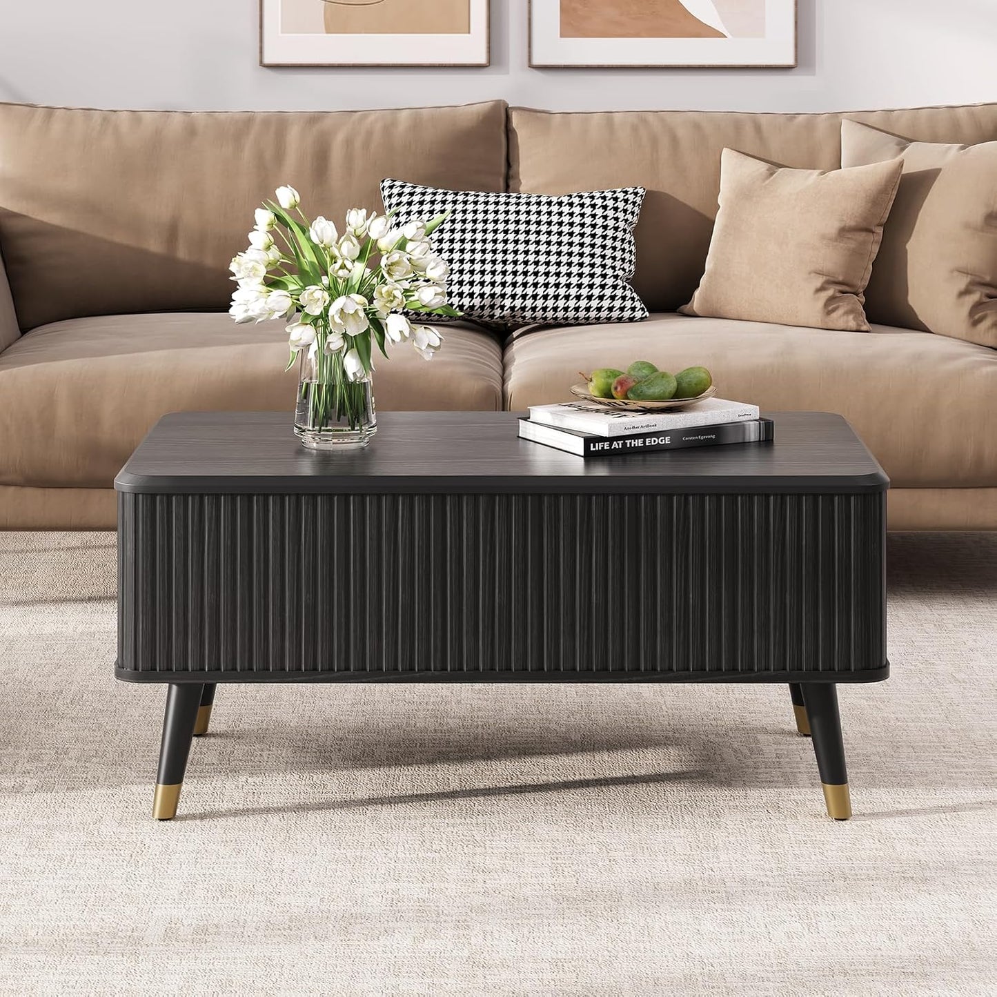 Lift Top Coffee Table, Mid Century Modern Coffee Table with Hidden Storage Compartment, 38" Fluted Center Table for Living Room, Home Office, Black