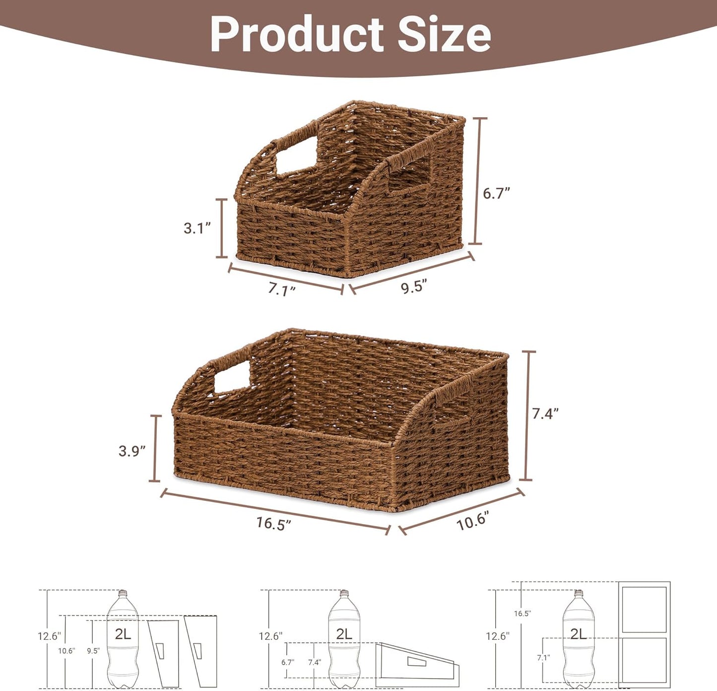 Wicker Baskets for Organizing,Pantry, Kitchen Counter with Handles, Handwoven Wicker Storage Baskets for Fruit, Bread, Vegetable, Boho Decoration, Paper Storage Bins for Shelves, 3 Pack, Brown