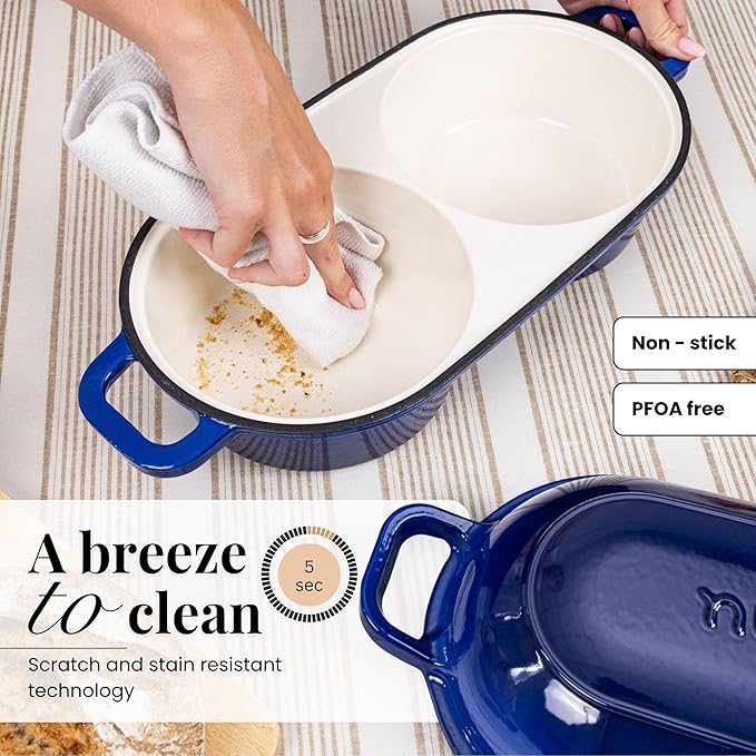 Dutch Oven For Sourdough Bread Baking – Enamelled Cast Iron Bread Loaf Pot – 500°F Oven Safe Non Stick Bread Pot – Double Round Loaf Space, 16.5cm Diameter, Dark Blue, – by Nuovva