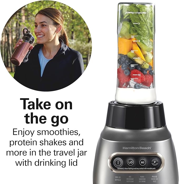 Hamilton Beach Wave Action Blender for Smoothies, Stainless Steel Ice Sabre Blades, 40oz Glass Jar, 20oz Blend-In Portable Travel Jar, 800 Watts, Quiet Design, Gray (58181)