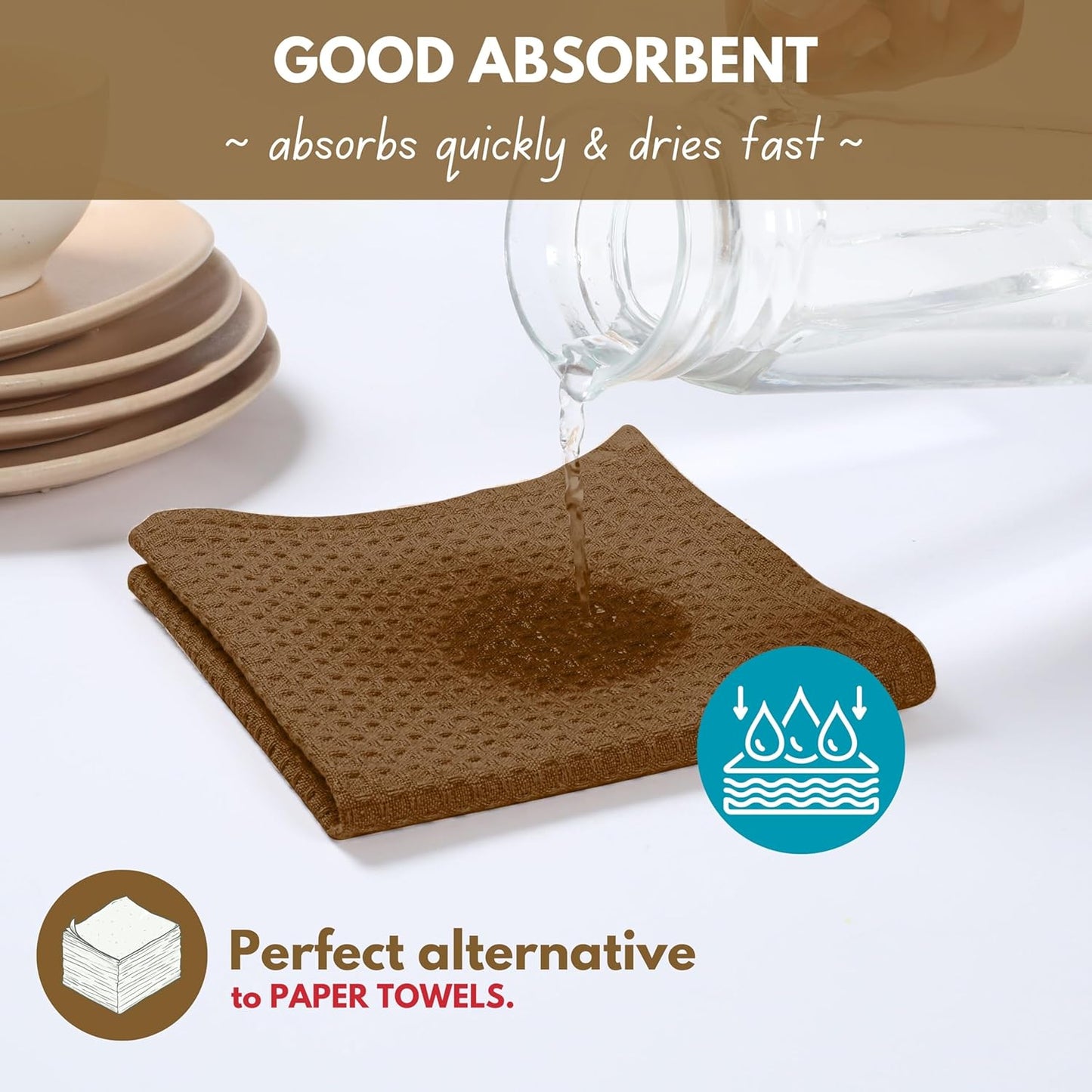 Native Fab Cotton Kitchen Towel with Hanging Loop 16x26 inches, 6-Pack, Waffle Weave Kitchen Towels for Cleaning Drying, Washcloths Soft & Absorbent Cloth Rags, Bar Towel, Dish Cloth, Brown