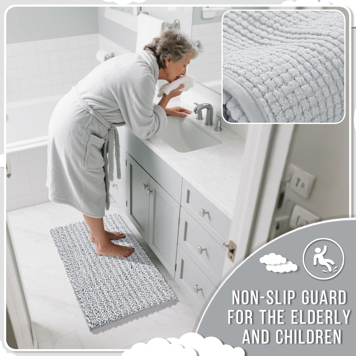 Yimobra Long Bathroom Rugs Non Slip Washable 44x24 Inch - Ultra Soft Absorbent Chenille Bath Mat, Quick Dry Shaggy Floor Carpet for Tub Shower, Silver Home Decor Accessories