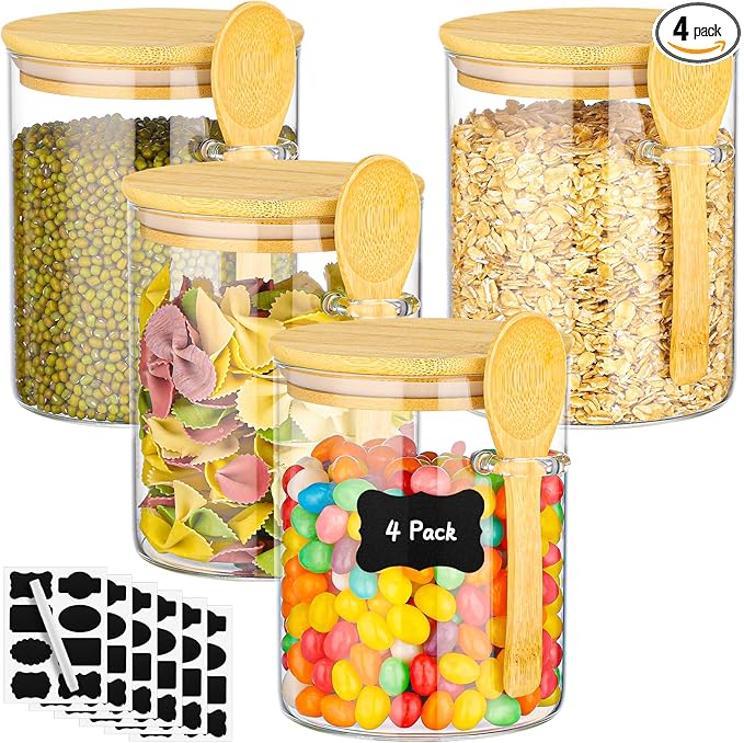Glass Jars with Bamboo Lids and Spoon - 4 Pack 26 Fl.oz Round Glass Storage Jars with Airtight Lid, Includes Labels and Marker, Sugar Container Set for Coffee Bar, Tea Canister for Cereal, Bean