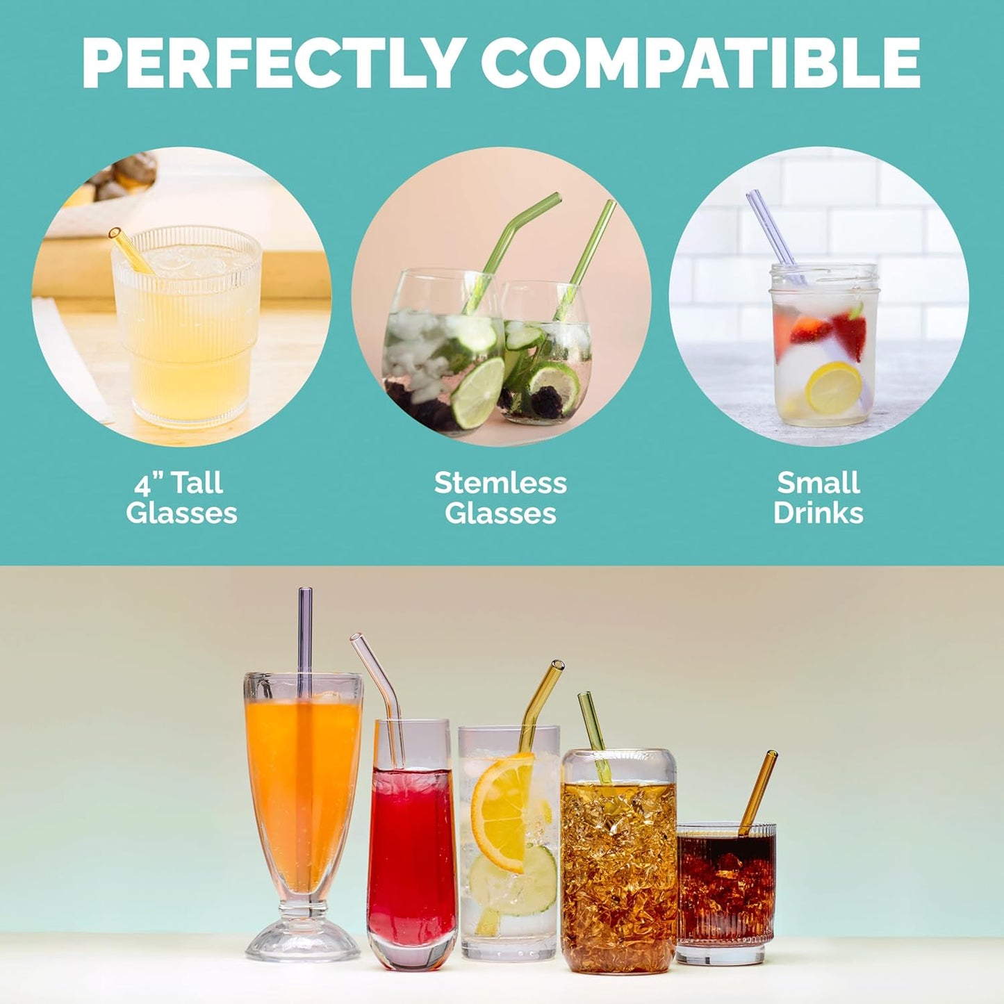 Simply Straws 6 Inch Glass Straws Straight (6-Pack) – Reusable Glass Straws for Low Balls & Stemless Glasses, with Cleaning Brush – Dishwasher Safe, Hot & Cold Use, BPA-Free (Cote d'Azur)